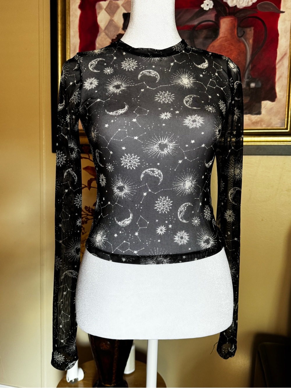 Black Celestial Print Mesh Long-Sleeve Top